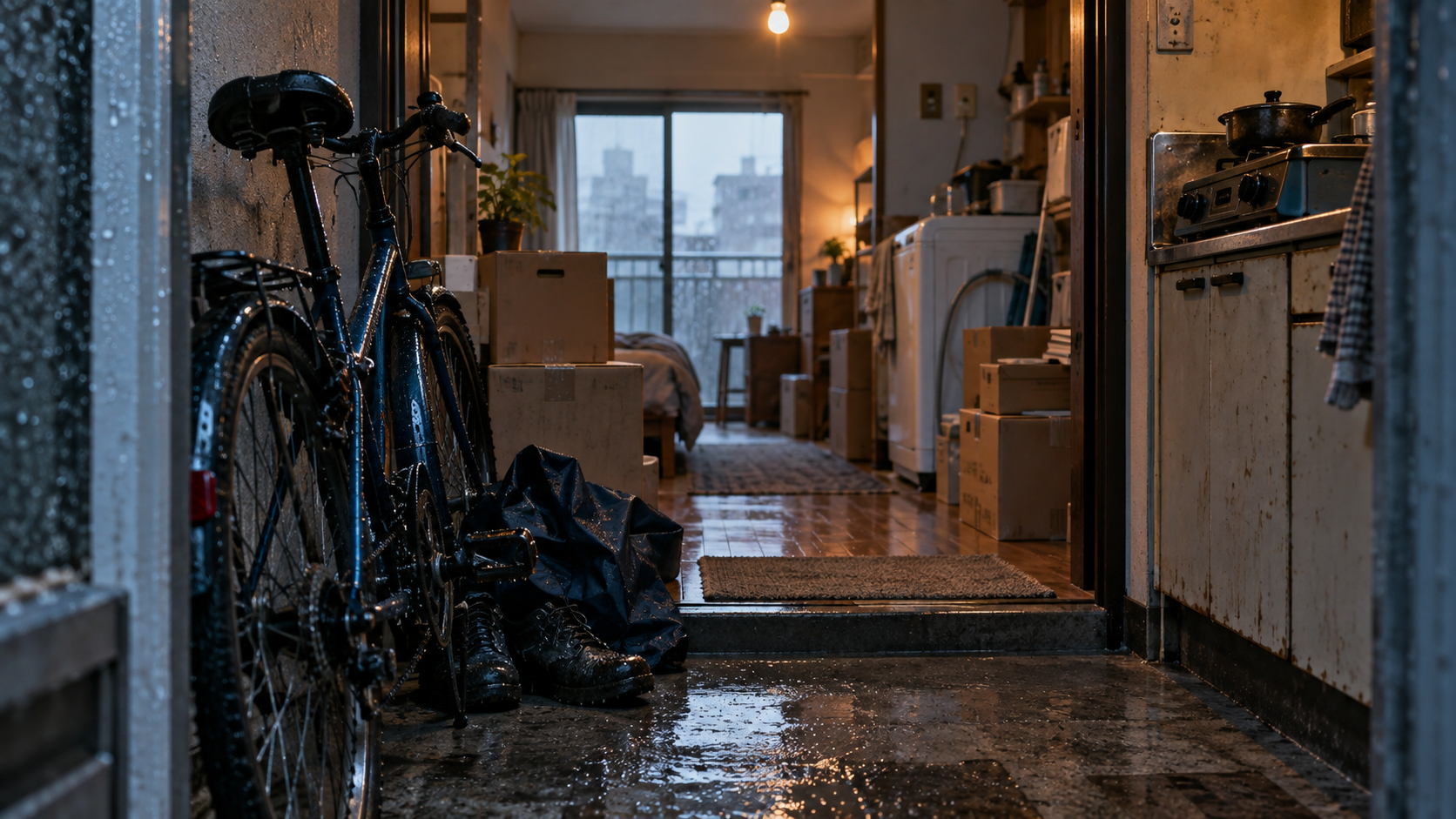雨に濡れた自転車と引っ越し直後の新居